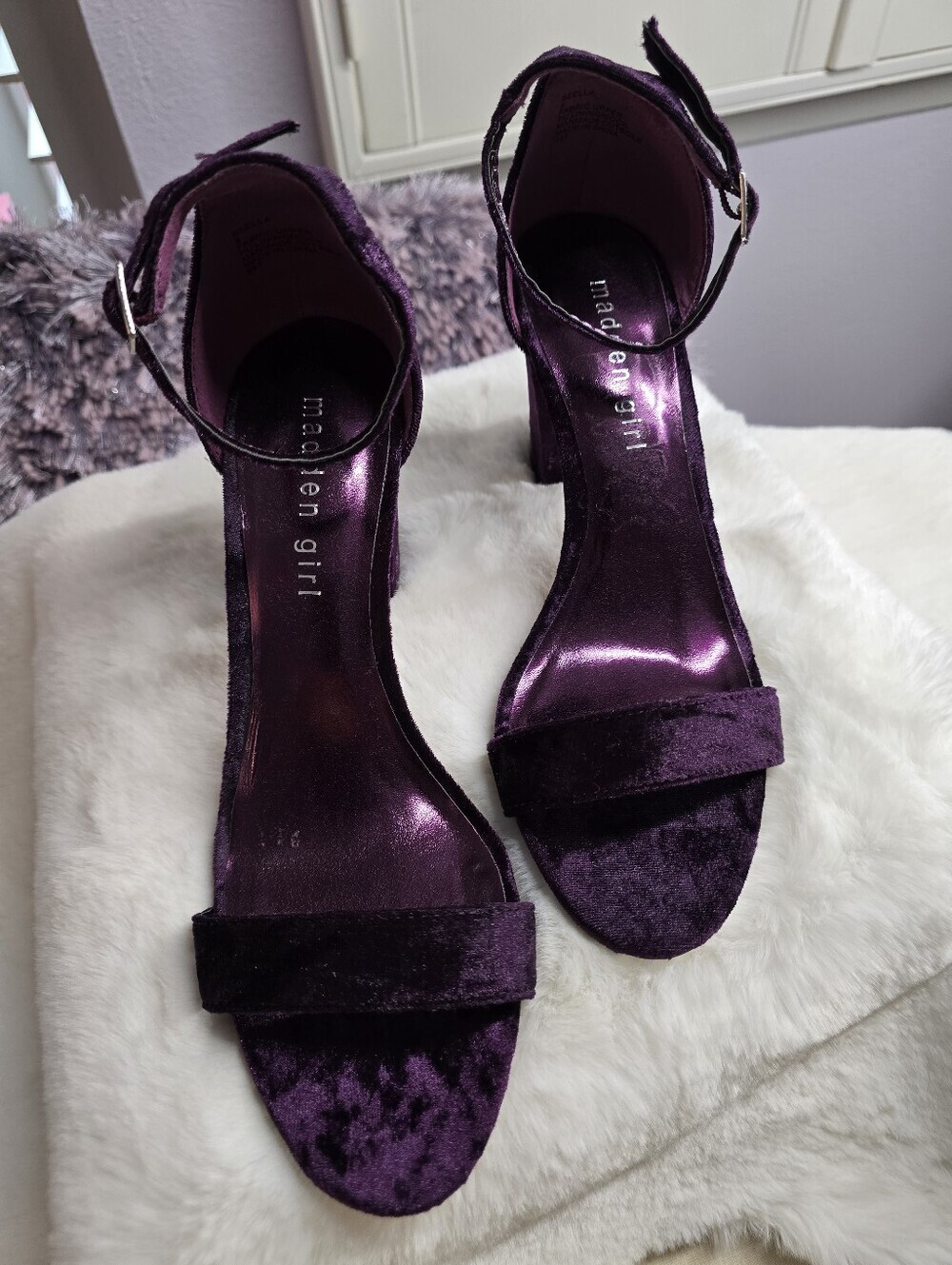 Madden Girl "Beella" Deep Purple Velvet Ankle-Strap Block Heels - Picture 5 of 7